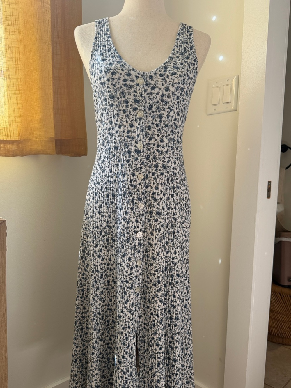 Blue Floral Button-Front Maxi Dress